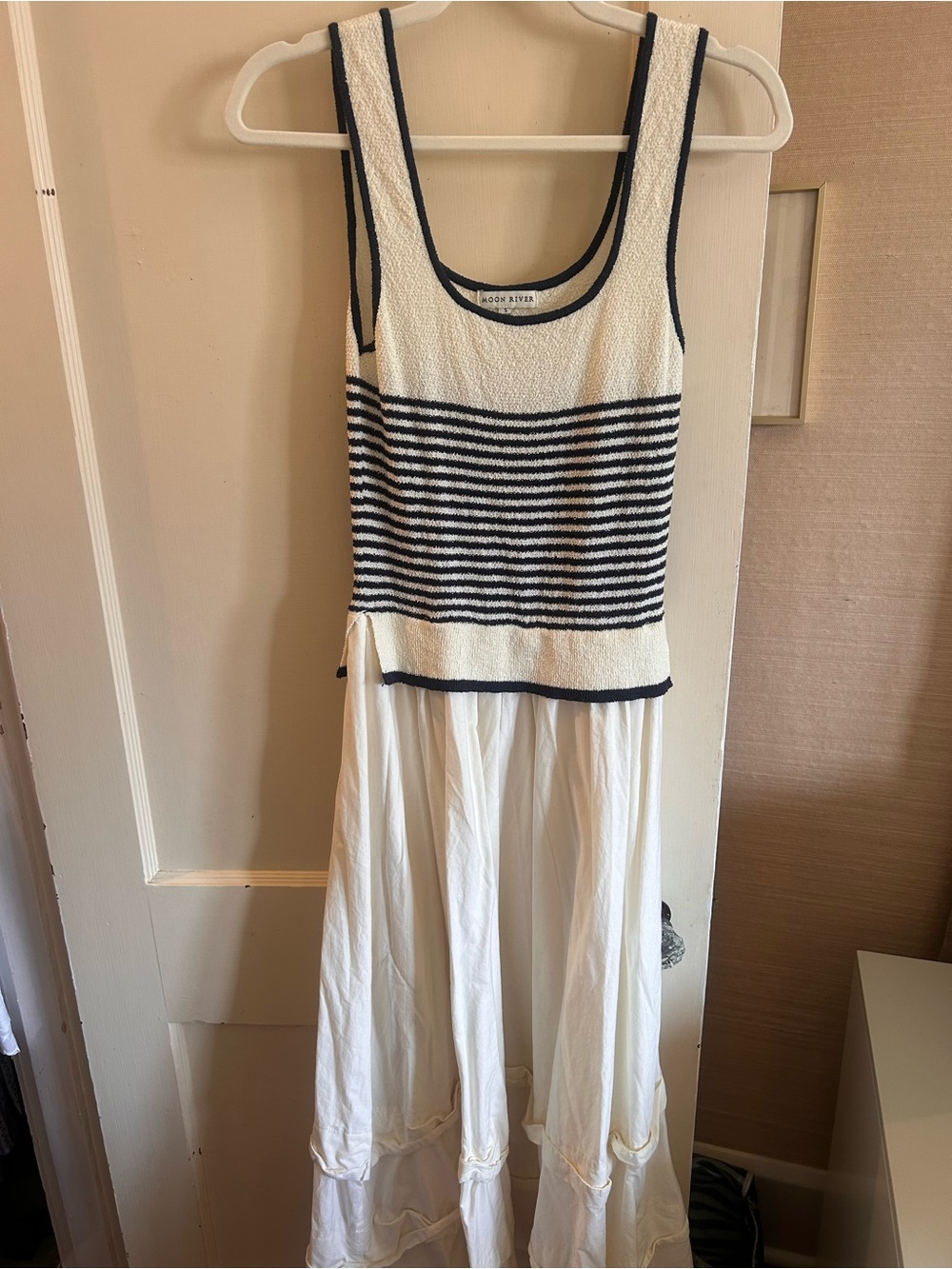 Moon River Cream Maxi Skirt with Navy Trim - Picture 3 of 4